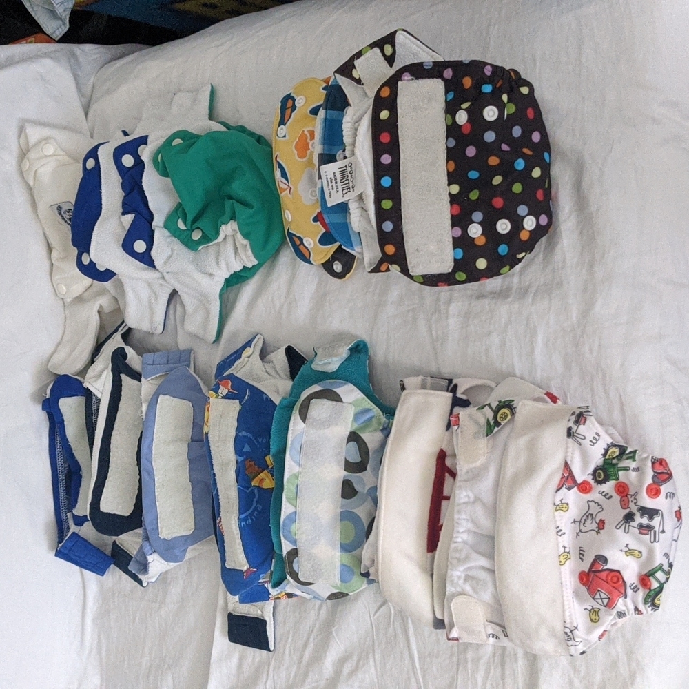 3 all in one diapers, 13 pocket covers (XS, S